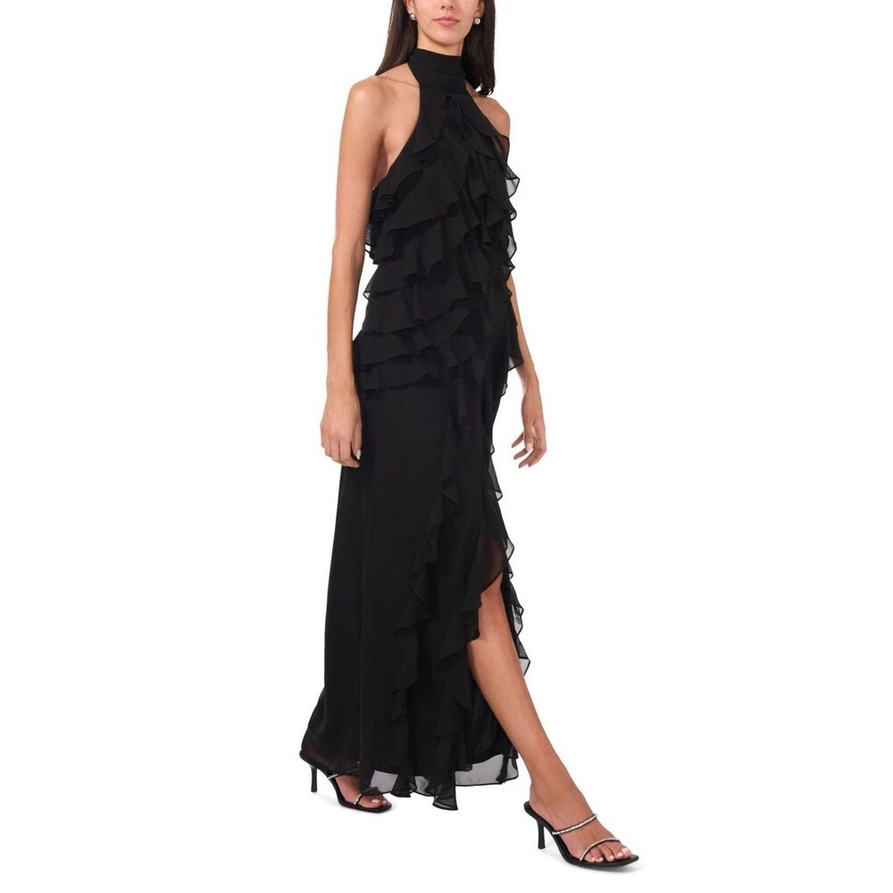 CeCe Women's Chiffon Sleeveless Ruffled Long Halter Dress Rich Black Size 4 - Picture 4 of 13